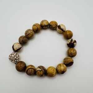 Brown Stretch Bracelet w/ Rhinestone Bead Boho Natural Stone